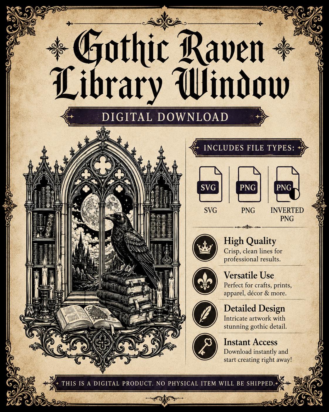 Gothic Raven Library Window SVG PNG | Fantasy Laser Engraving File ...