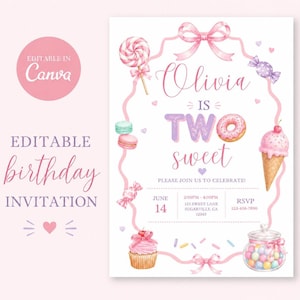Pode incluir: Um modelo de convite de aniversário com ilustrações em aquarela de um pirulito, donut, casquinha de sorvete, cupcake e pote de doces. O texto diz Olivia is TWO sweet, 14 de junho, 14h-16h, 123 Sweet Lane, Sugarville, CA 12345 e RSVP 123-456-7890.