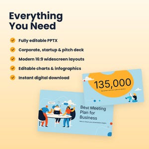 May include: A digital presentation template featuring the text Everything You Need, Fully editable PPTX, Corporate, startup & pitch deck, Modern 16:9 widescreen layouts, Editable charts & infographics, and Instant digital download.