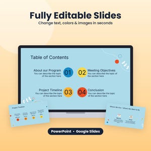 May include: A digital presentation template featuring a large screen displaying a Table of Contents slide with four numbered circles in blue, yellow, orange, and red. Two smaller slides show project timelines and planetary information.