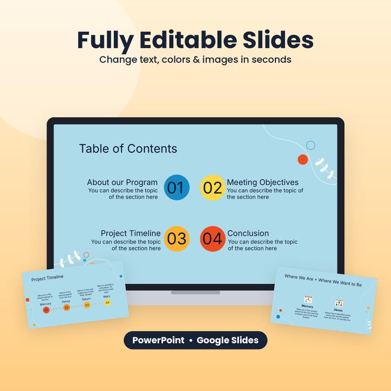 May include: A digital presentation template featuring a large screen displaying a Table of Contents slide with four numbered circles in blue, yellow, orange, and red. Two smaller slides show project timelines and planetary information.