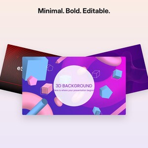 May include: A digital presentation template featuring a purple background with floating 3D shapes including blue cubes, pink spheres, and geometric outlines. The text reads Minimal. Bold. Editable. 3D BACKGROUND Here is where your presentation begins.