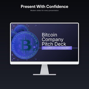 May include: A computer monitor displaying a presentation slide titled Bitcoin Company Pitch Deck. The screen features blue Bitcoin coin graphics on the left and text that reads Present With Confidence and Here is where your presentation begins.