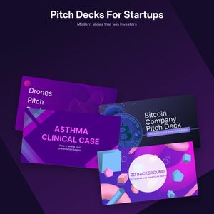 May include: A collection of digital presentation slides featuring purple and dark blue gradients. Text includes Pitch Decks For Startups, Drones Pitch, ASTHMA CLINICAL CASE, Bitcoin Company Pitch Deck, and 3D BACKGROUND with various geometric shapes.