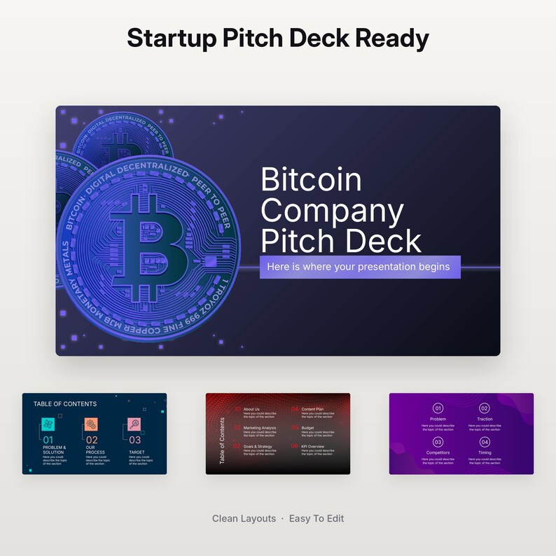 May include: A digital presentation template titled Startup Pitch Deck Ready and Bitcoin Company Pitch Deck. The design features a large blue Bitcoin coin graphic, dark purple backgrounds, and slide layouts including a table of contents.