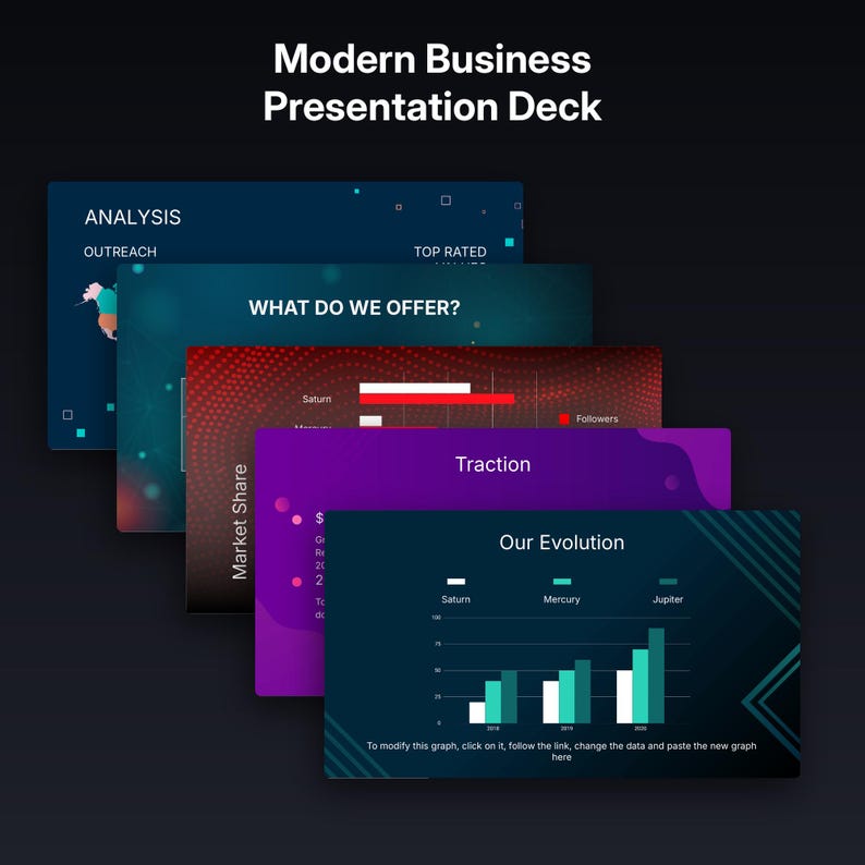 May include: A digital presentation deck template featuring multiple slides with dark backgrounds, data visualizations, and charts. Text includes Modern Business Presentation Deck, Analysis, What Do We Offer, Traction, and Our Evolution, with bar graphs showing Saturn, Mercury, and Jupiter data.