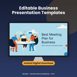 May include: A computer monitor displaying editable business presentation templates with the text "Best Meeting Plan for Business" and "Here is where your presentation begins." The screen shows a graphic of three people at a table.