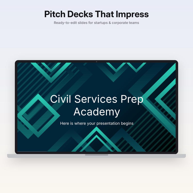 May include: A laptop screen displays a presentation slide with the text "Civil Services Prep Academy" and "Here is where your presentation begins" over a dark background with teal geometric square and triangle patterns.