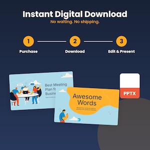 May include: A digital download guide featuring three steps: Purchase, Download, and Edit & Present. Two slide templates are shown: one titled Best Meeting Plan for Business and another titled Awesome Words, alongside a PPTX file icon.