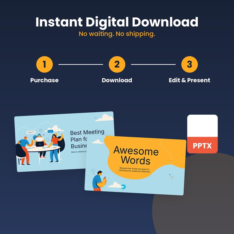 May include: A digital download guide featuring three steps: Purchase, Download, and Edit & Present. Two slide templates are shown: one titled Best Meeting Plan for Business and another titled Awesome Words, alongside a PPTX file icon.