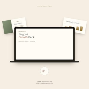 May include: A digital presentation template bundle featuring a laptop screen displaying the text Elegant Growth Deck, Brand Studio, and 2026 Edition. Two floating slide previews show Our Story and Quarterly Growth. The set includes 187 slides total.