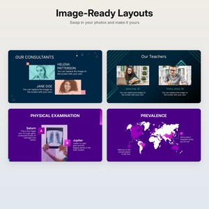 May include: A digital presentation template featuring four distinct slide layouts titled Image-Ready Layouts. The slides include sections for Our Consultants, Our Teachers, Physical Examination with a chest X-ray, and a world map for Prevalence.