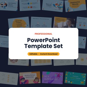 May include: A professional PowerPoint template set featuring a collection of slide layouts with various themes, including business meetings, project timelines, and educational graphics, displayed against a dark blue background.