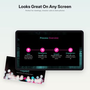 May include: A digital tablet displaying a Process Overview slide with four pink icons and text labels: Idea, Developme, Growth, and Engagemen. Below it, a partially visible slide shows the word Report with a bokeh light background.