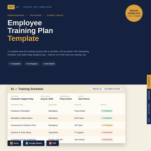 May include: An Employee Training Plan Template digital document featuring a dark blue background with white and gold text. It includes a training schedule table with columns for topic, category, trainer, and status, plus Excel, Google Sheets, and PDF icons.