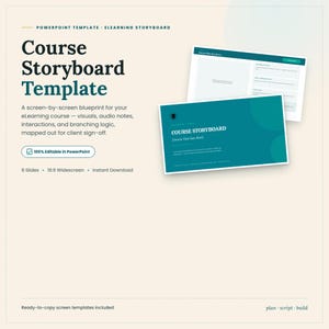 May include: A PowerPoint template for an eLearning storyboard featuring a cream background with dark teal text. The layout includes the title Course Storyboard Template, a description of the screen-by-screen blueprint, and two overlapping slide previews in teal.