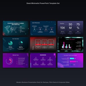 May include: A digital PowerPoint template set featuring nine slides with dark backgrounds, neon accents, and data visualizations including world maps, timelines, bar charts, and pie graphs. The slides contain text labels such as Countries Where It's Being Implemented, Our Process, Traction, Our Success, Pricing, Organic Traffic Report, Market Size, Diagnosis, and How About These Percentages.