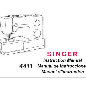 Op de afbeelding: Lijntekening van een Singer 4411 naaimachine. De omslag van de handleiding toont het Singer-logo in rood, met de woorden "Handleiding" en het modelnummer.
