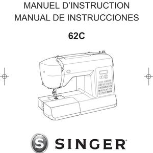 Pode incluir: Um manual de instruções branco com o texto "INSTRUCTION MANUAL" e "62C" é exibido. O manual apresenta um desenho linear de uma máquina de costura Singer. O logotipo da Singer está na parte inferior.