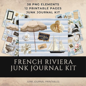 French Riviera Junk Journal Kit | Vintage Travel Ephemera Printable | Grand Hotel Collage Sheets, PNG Elements & Digital Papers