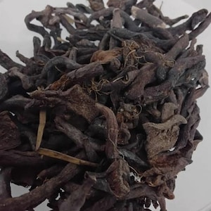 Könnte beinhalten: Eine Ansammlung getrockneter, dunkelbrauner, verdrehter botanischer Wurzeln und holziger Pflanzenfragmente. Die Stücke haben eine raue, unregelmäßige Textur mit einigen dünnen, faserigen Strängen und kleinen, spröden, erdfarbenen organischen Segmenten.