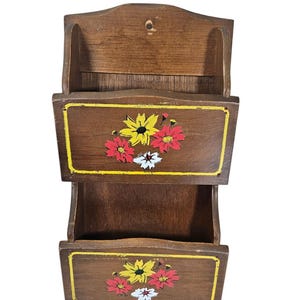 Vintage Hand-Painted Floral Wooden Wall Pocket Mail Sorter Country Farmhouse
