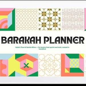 May include: A white tablet displaying a colorful planner design. The text "BARAKAH PLANNER" is prominently featured, along with the tagline "Salah, Flow & Gentle Wins - For brains that sprint and stall, rooted in tawakkul." The design includes geometric shapes and patterns.