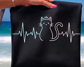 Cute Heartbeat Cat Lover Design Funny Feline Silhouette Png, Cat Mom Dad Gift, Kitty Lover Gift, Heartbeat Cat Graphic Tee Digital Download