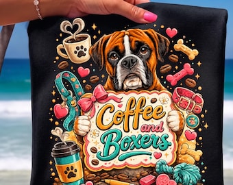 Coffee and Boxer Png, Funny Dog Owner Coffee Lover Gift, Boxer Dog Mom Dad Gift, Coffee Drinking Dog Lover Graphic Tee Digital Download