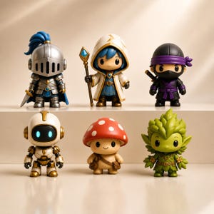 May include: A collection of six stylized figurines featuring a silver knight with a blue plume, a wizard in a white hooded robe holding a staff, a purple ninja, a white robot with glowing blue eyes, a mushroom character, and a green leaf creature.