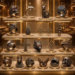 May include: A collection of bronze-toned metal jewelry displayed on four tiered shelves. Items include rings shaped like skulls, an owl, a wolf, a dragon, and an eagle, alongside pendants featuring a dolphin, a cat, a cross, and spider webs.