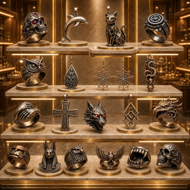 May include: A collection of bronze-toned metal jewelry displayed on four tiered shelves. Items include rings shaped like skulls, an owl, a wolf, a dragon, and an eagle, alongside pendants featuring a dolphin, a cat, a cross, and spider webs.