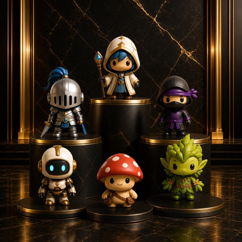 May include: A collection of six stylized figurines displayed on tiered black pedestals. The set includes a silver knight, a hooded mage with a staff, a purple ninja, a white robot with glowing blue eyes, a red mushroom character, and a green forest creature.