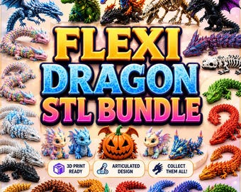 May include: A collection of various articulated dragon figurines in diverse colors and styles, including skeletal, pumpkin-themed, and multi-colored designs. The central text reads FLEXI DRAGON STL BUNDLE, with icons indicating 3D print ready and articulated design features.