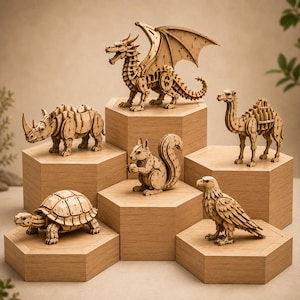 Op de afbeelding: Houten dierenfiguren, waaronder een draak, neushoorn, kameel, eekhoorn, adelaar en schildpad, worden getoond op zeshoekige houten sokkels. De lichtgekleurde houten figuren zijn gedetailleerd en tonen ingewikkelde ontwerpen.
