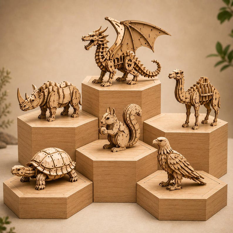 Op de afbeelding: Houten dierenfiguren, waaronder een draak, neushoorn, kameel, eekhoorn, adelaar en schildpad, worden getoond op zeshoekige houten sokkels. De lichtgekleurde houten figuren zijn gedetailleerd en tonen ingewikkelde ontwerpen.