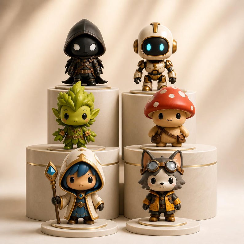 May include: Six stylized collectible figurines arranged on tiered circular pedestals. The figures include a black hooded character, a white robot with blue eyes, a green leaf-covered creature, a mushroom-capped figure, a mage with a staff, and a wolf-like character.