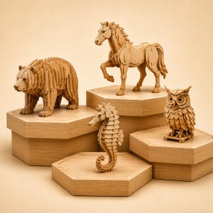 Op de afbeelding: Houten dierensculpturen van een beer, paard, zeepaardje en uil. De beer staat op vier poten, het paard steigerd, het zeepaardje staat rechtop en de uil zit. Elk beeld is gemaakt van lichtbruin hout en staat op een zeshoekig platform.