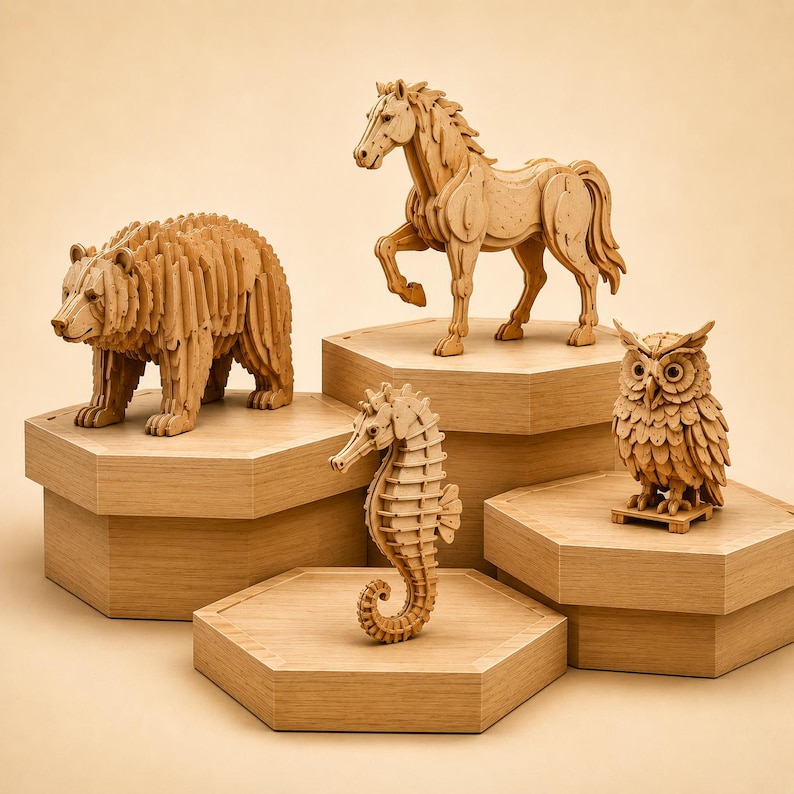 Op de afbeelding: Houten dierensculpturen van een beer, paard, zeepaardje en uil. De beer staat op vier poten, het paard steigerd, het zeepaardje staat rechtop en de uil zit. Elk beeld is gemaakt van lichtbruin hout en staat op een zeshoekig platform.