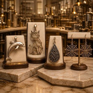 May include: A collection of gold-toned jewelry displayed on stands, including a dolphin pendant, a geometric cat pendant, a teardrop-shaped pendant with intricate black filigree detailing, and a pair of spiderweb-shaped drop earrings.