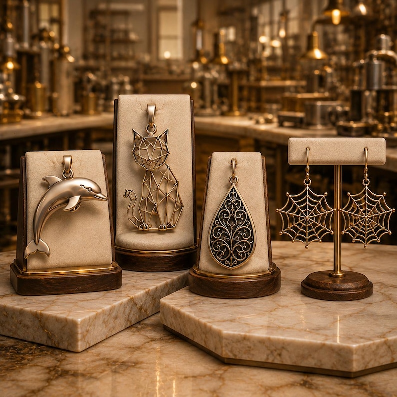 May include: A collection of gold-toned jewelry displayed on stands, including a dolphin pendant, a geometric cat pendant, a teardrop-shaped pendant with intricate black filigree detailing, and a pair of spiderweb-shaped drop earrings.