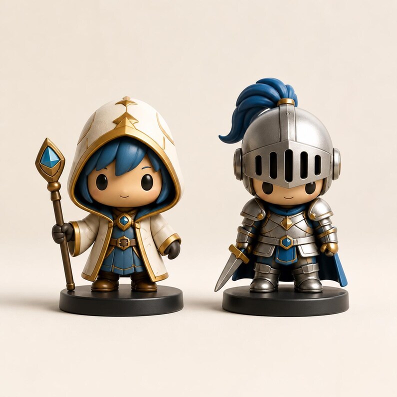 May include: Two stylized figurines on black circular bases. The left figure wears a white hooded cloak over a blue tunic and holds a staff with a blue gem. The right figure wears silver plate armor with a blue plume and holds a small sword.