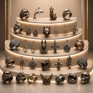 May include: A collection of metallic rings and pendants displayed on a tiered stand. The items feature various designs including skulls, animals like a wolf, cat, and dragon, geometric shapes, crosses, spider webs, and mechanical gear motifs.