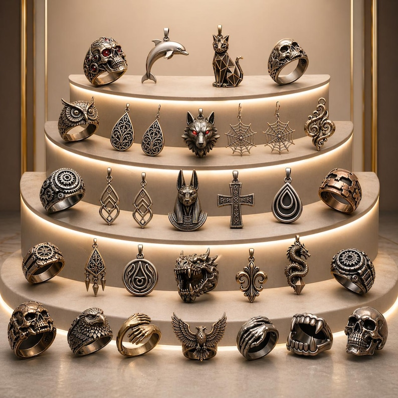 May include: A collection of metallic rings and pendants displayed on a tiered stand. The items feature various designs including skulls, animals like a wolf, cat, and dragon, geometric shapes, crosses, spider webs, and mechanical gear motifs.