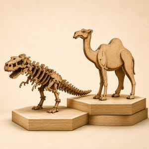 Op de afbeelding: Twee houten dierenpuzzels: een Tyrannosaurus Rex-skelet en een kameel. De T-Rex staat op een zeshoekig houten platform, terwijl de kameel op een vergelijkbaar platform staat. Beide zijn lichtbruin en lijken lasergesneden.