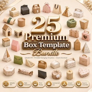 May include: A digital collection of 25 premium box templates featuring various paper packaging designs in neutral, pink, and green tones. The central text reads 25 Premium Box Template Bundle, with bottom icons indicating editable EPS and print ready files.