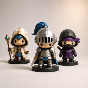 May include: Three stylized figurines on black circular bases. The left figure wears a white hooded cloak and holds a staff with a blue gem. The center figure is a knight in silver armor with a blue plume. The right figure is a ninja in black.
