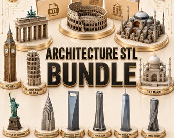 May include: An architectural STL bundle featuring miniature models of famous landmarks like Big Ben, the Statue of Liberty, and the Taj Mahal. The image includes the text "ARCHITECTURE STL BUNDLE" and "2026 UPDATED".