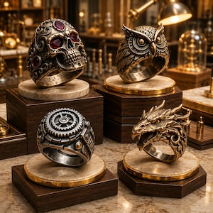 May include: Four metal rings displayed on individual circular marble and wooden stands. One ring features a skull with red stones, one is an owl, one has a mechanical gear design, and one is a dragon head. Each ring has intricate metal detailing.