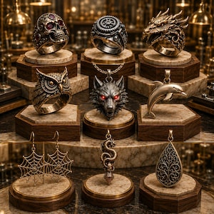 May include: A collection of jewelry pieces including rings, pendants, and earrings. Items feature designs such as a skull with red stones, a gear mechanism, a dragon head, an owl, a wolf with red eyes, a dolphin, a spider web, a snake, and a teardrop.